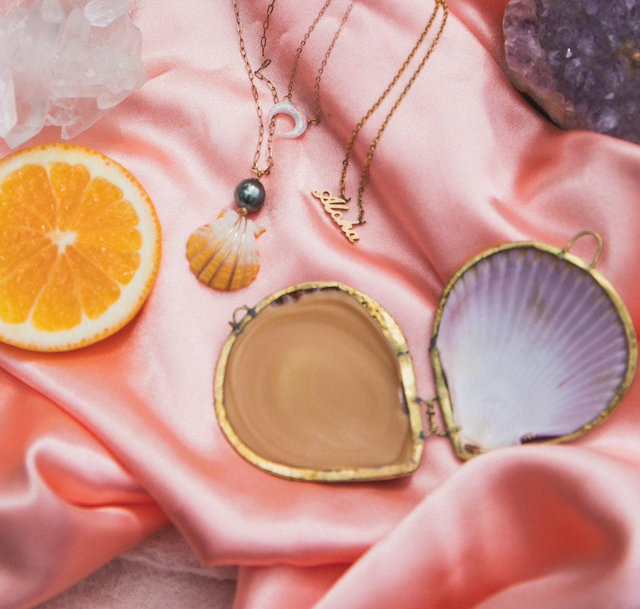 Orange + Grapefruit Shimmer Lip and Body Balm in a Shell jewelry keepsake box with pure essential oils and mica sparkle shine!